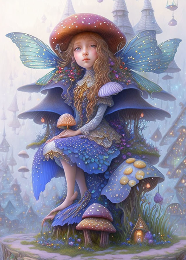 Mystical fairy with mushroom-cap wings in enchanted forest