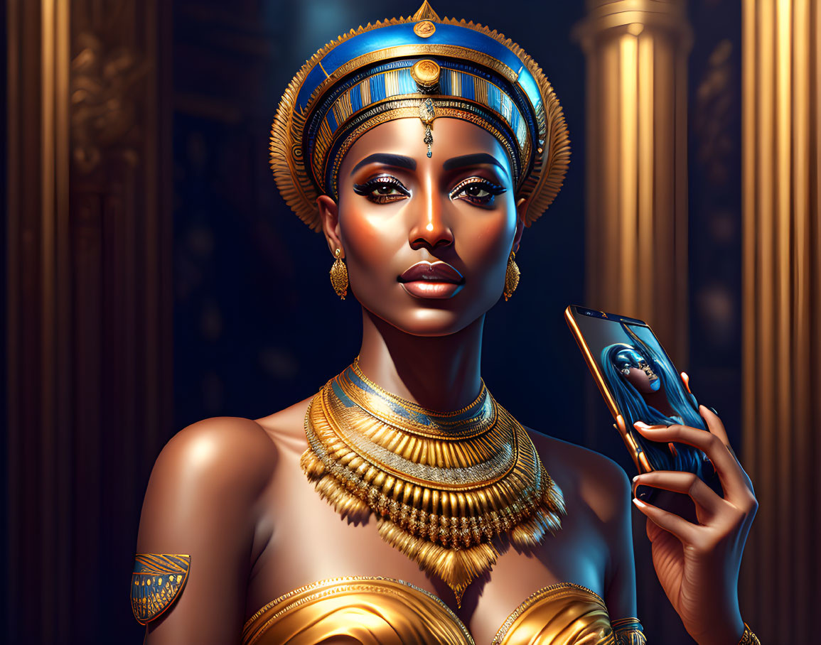 Digital artwork of Egyptian queen with headdress and smartphone