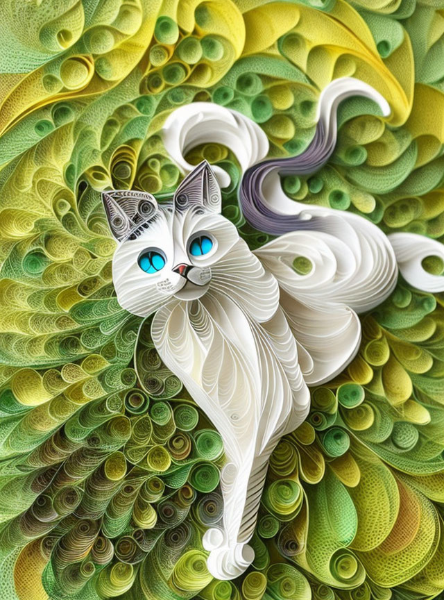 White Cat Quilled Paper Art with Blue Eyes and Swirling Green-Yellow Patterns