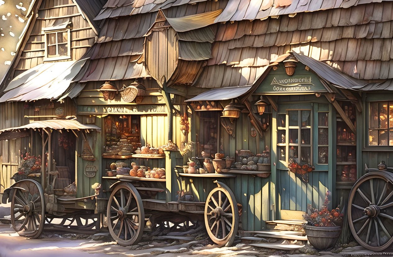 Rustic village bakery with wooden cart and bread loaves under snowy roof