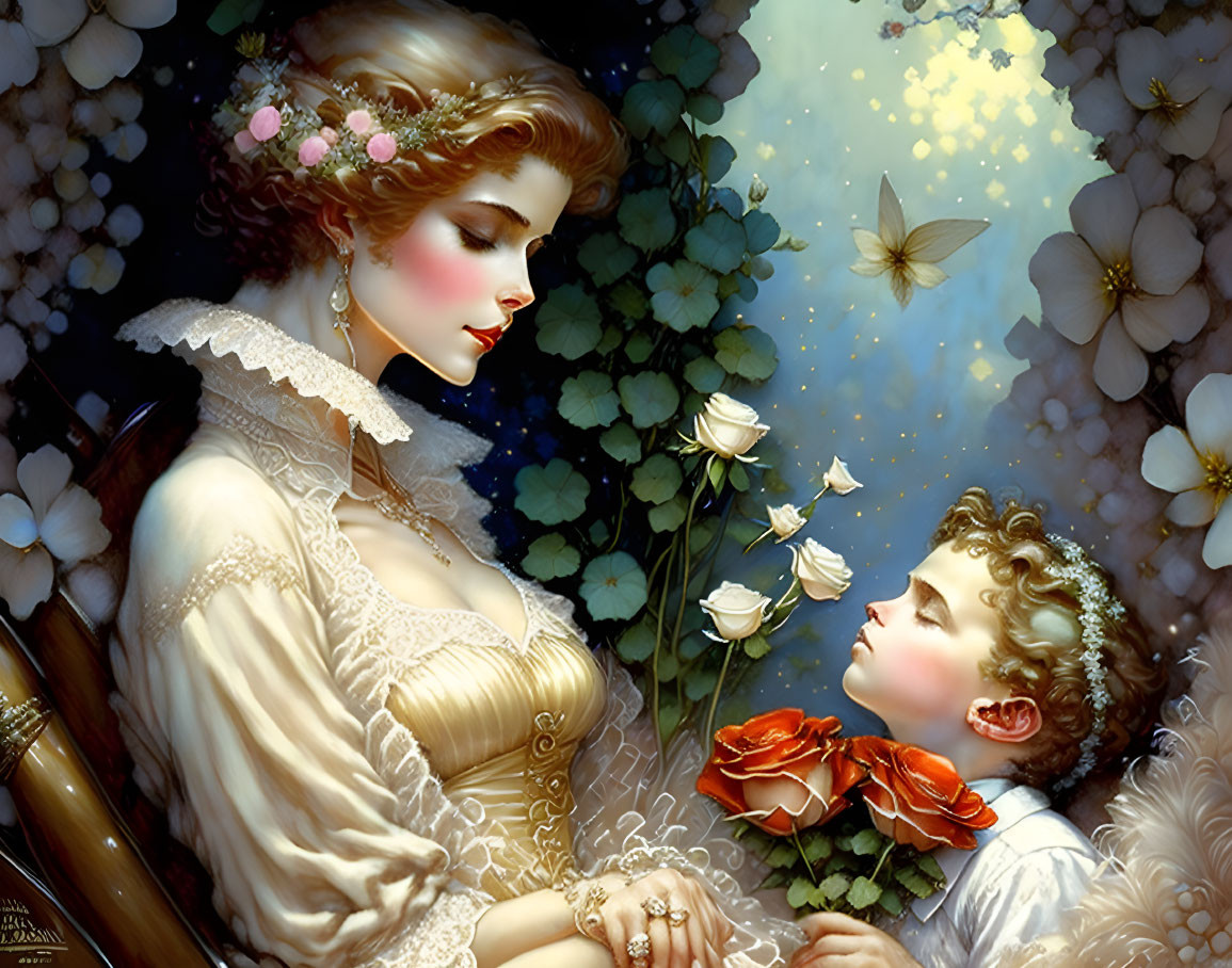 Woman and Child Surrounded by Flowers and Butterflies in Ethereal Lighting