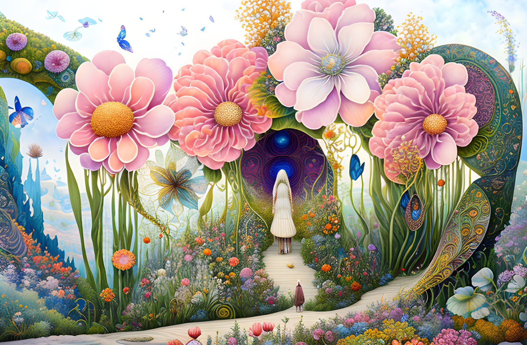 Colorful oversized flowers and butterflies in a fantastical garden with a central pathway and mysterious doorway