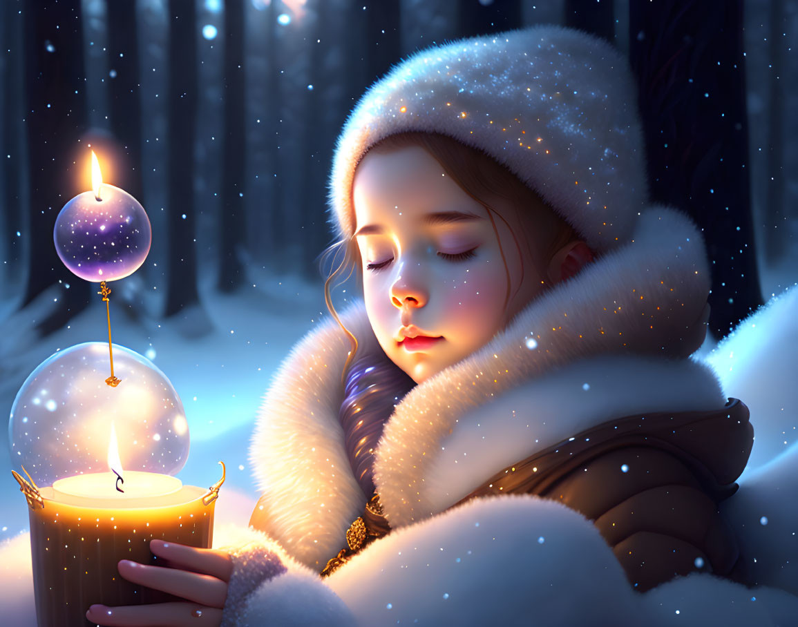 Child in winter forest sleeping with candle and floating flame orb
