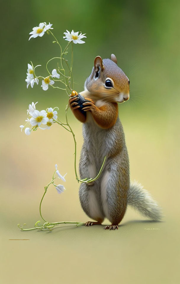 Squirrel standing on hind legs with white flowers on branch