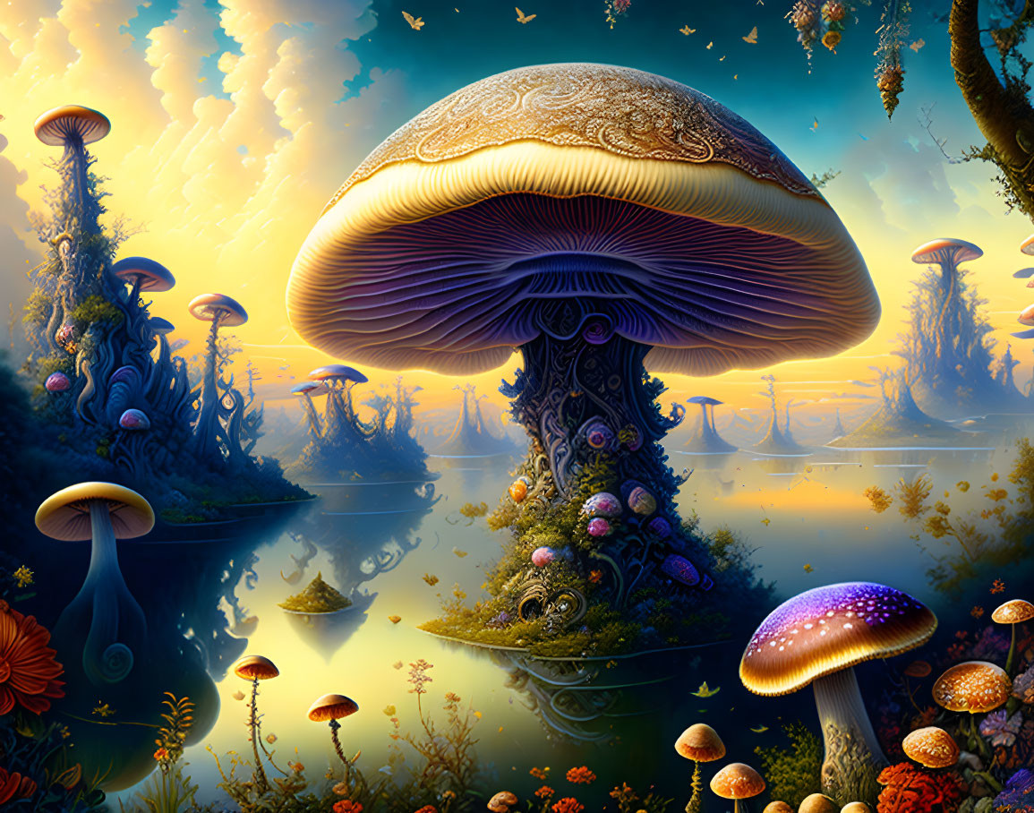 Vibrantly colored oversized mushrooms in a fantastical sunset landscape