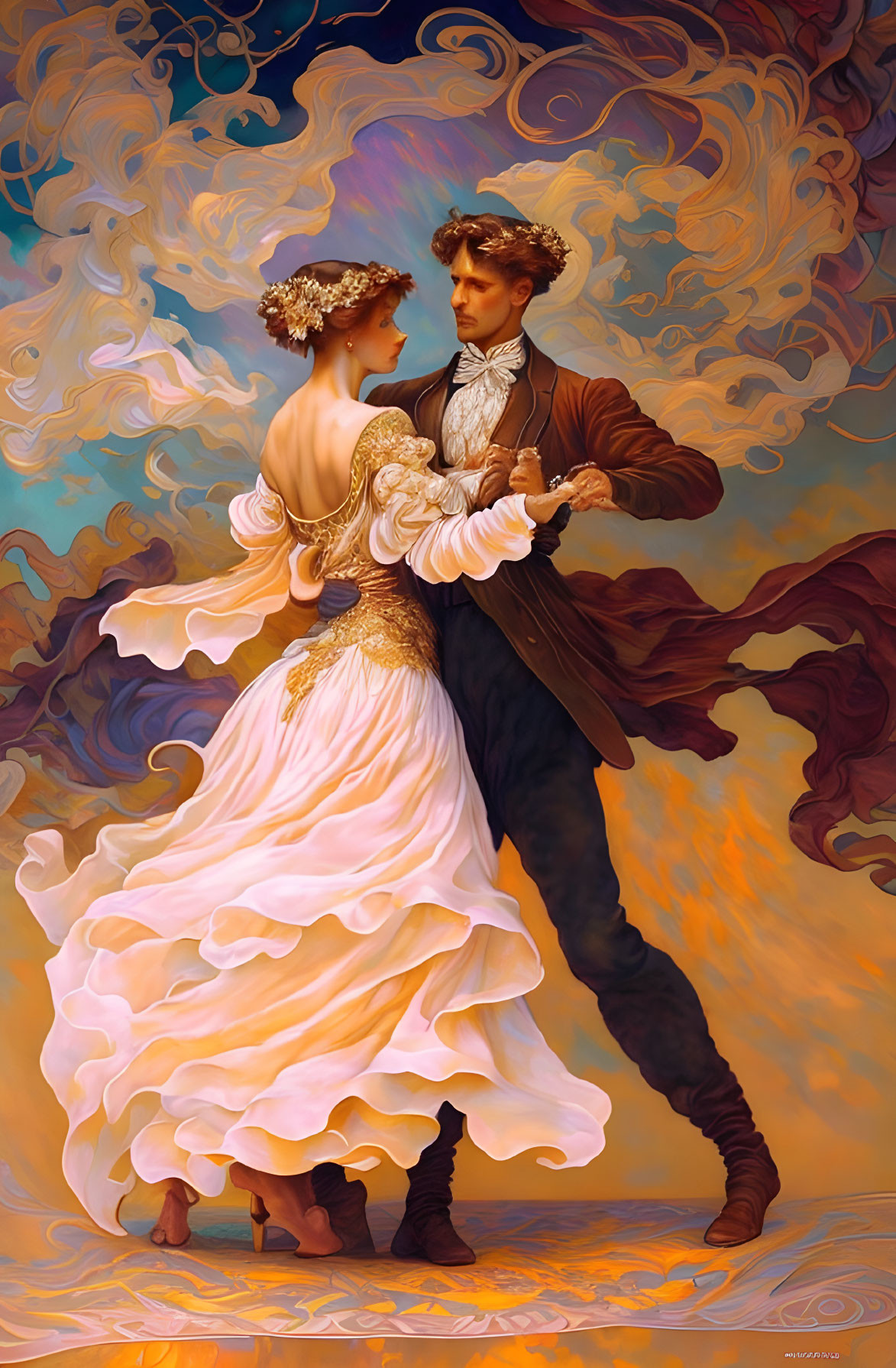 Vintage Attire Couple Dancing Surrounded by Vibrant Swirls