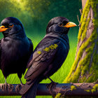 Blackbirds on wooden fence with green foliage and hops in forest setting