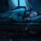 Woman sleeping in blue room with ghostly figure watching her