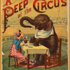 Vintage-style illustration of circus performers with three elephants under a tent