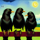 Three black crows on wooden fence in grassy field with blue sky