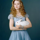 Person in Elaborate Blue Dress Holding Heart Cake with Braided Hair