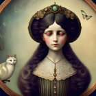 Victorian-era girl with somber eyes, stylized cat, and butterflies in ornate oval frame