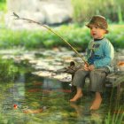 Colorful Woman Fishing Painting in Serene Pond