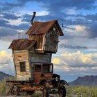 Detailed illustration of two-story wooden caravan by ocean at twilight