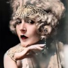 Portrait of woman in lavender hat with pearl necklace against floral backdrop