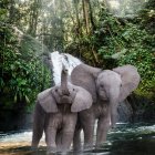 Elephants in river with lush waterfall and greenery