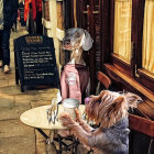 Four dogs on sunny porch with one holding coffee cup and saucer