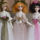 Victorian-era porcelain dolls in elaborate gowns and corsets