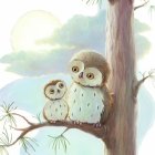 Stylized owls on branch with autumn forest backdrop