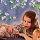 Young girl with curly brown hair and tabby cat under blooming roses.