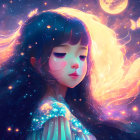 Digital artwork: Girl with starry hair in cosmic scene with crescent moon and luminous butterfly