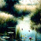 Serene watercolor painting of lush pond with lily pads and tall reeds