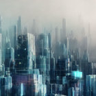 Futuristic cityscape with misty skyscrapers and soft glowing lights