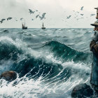 Illustrated old sailor gazes at stormy sea with crashing waves and flying fish.