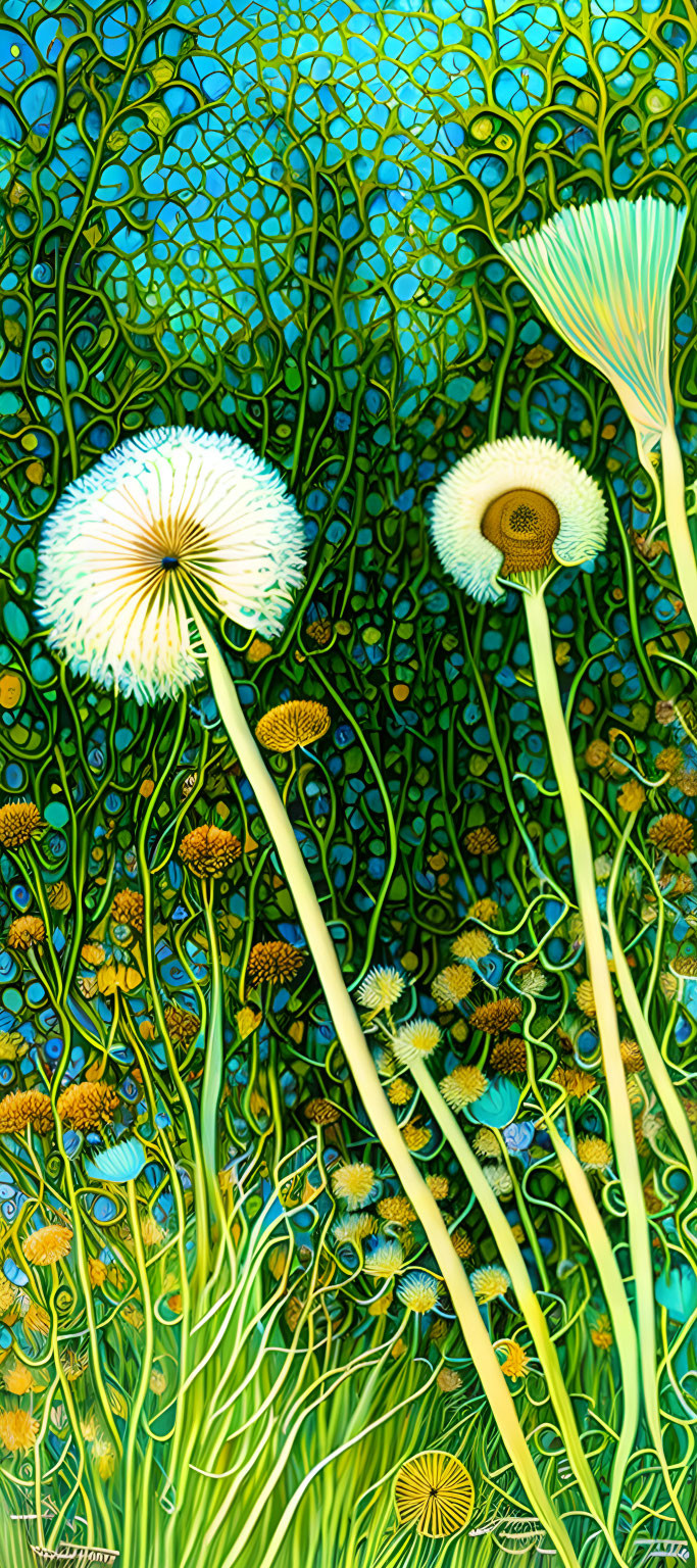 Detailed Dandelion Illustration on Mosaic Background