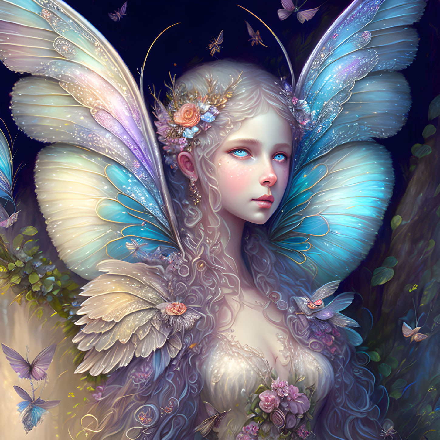 Ethereal fantasy creature with butterfly wings and floral adornments at night