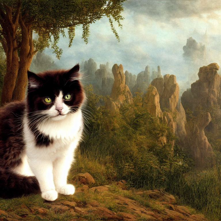 Black and White Cat in Fantastical Landscape with Rocky Spires