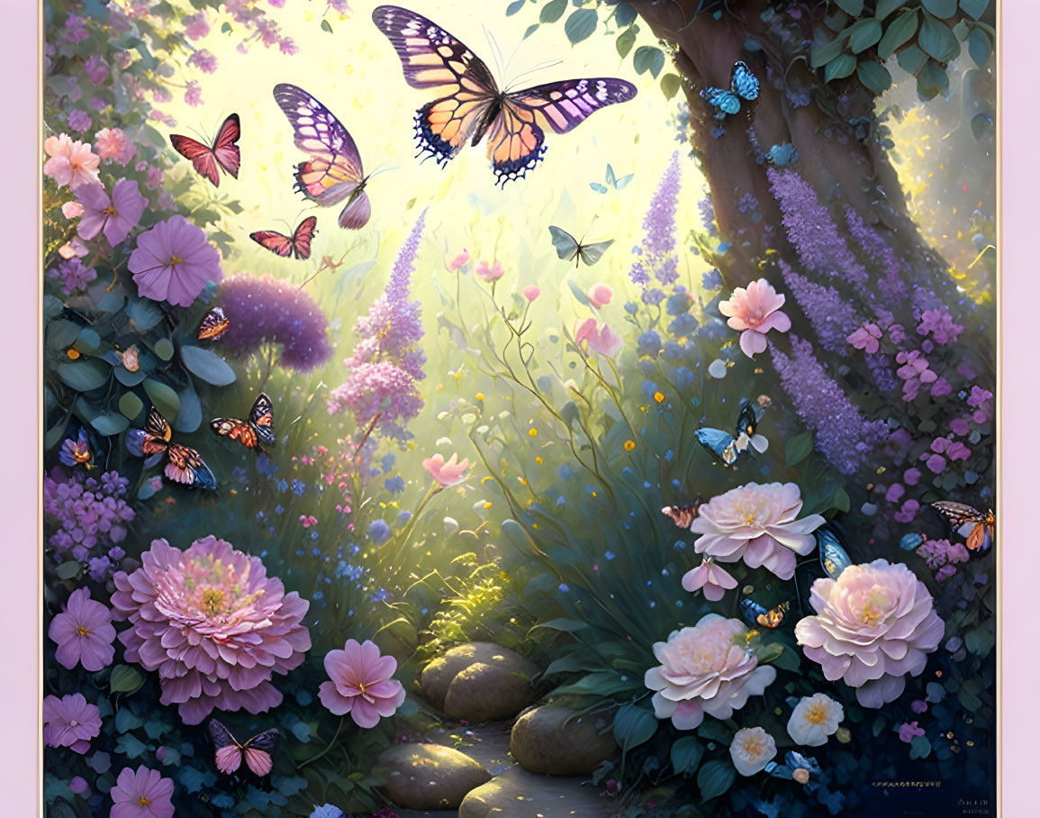 Serene garden with vibrant flowers and fluttering butterflies