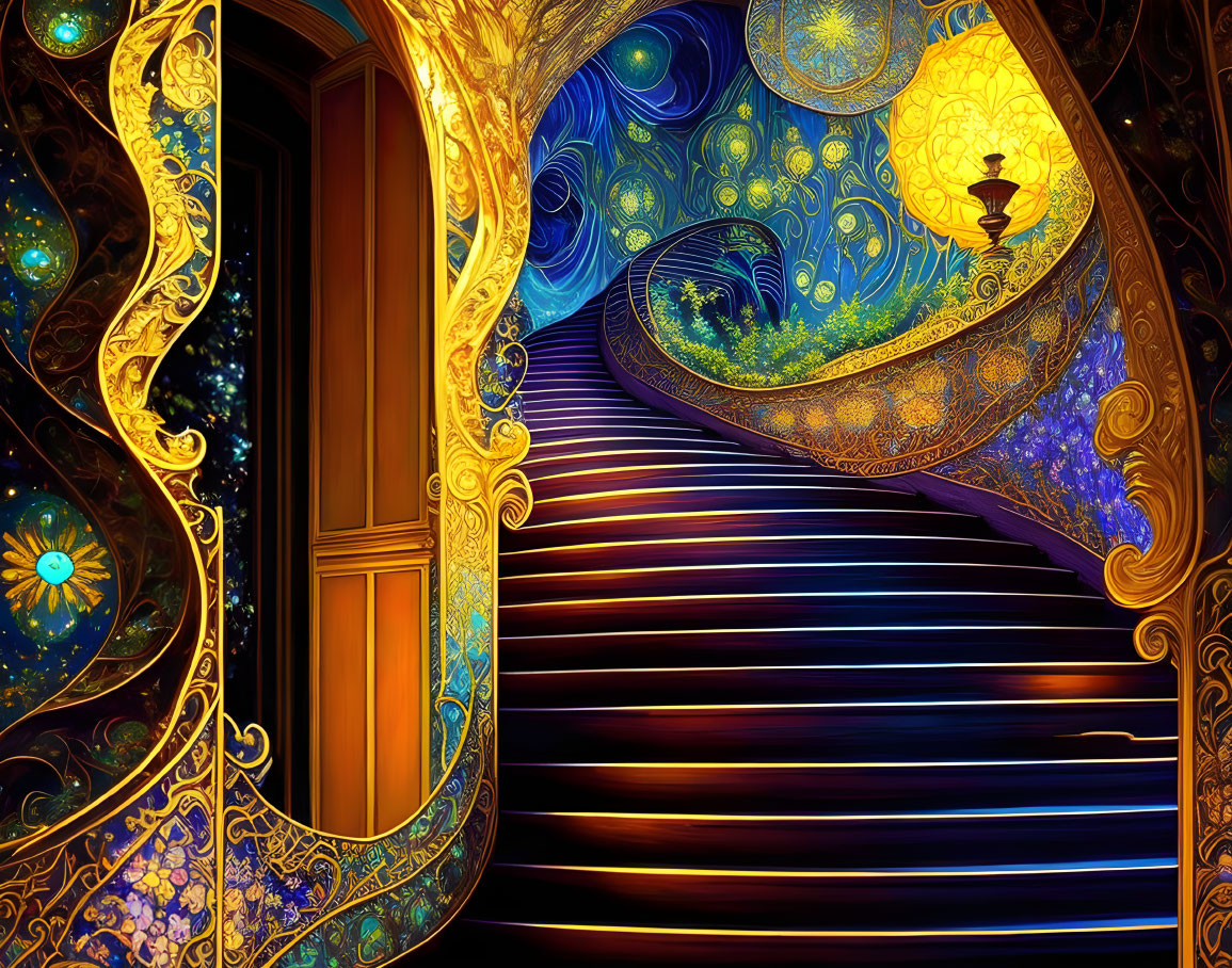 Intricate golden-trimmed staircase with starry ceiling and arched doorway