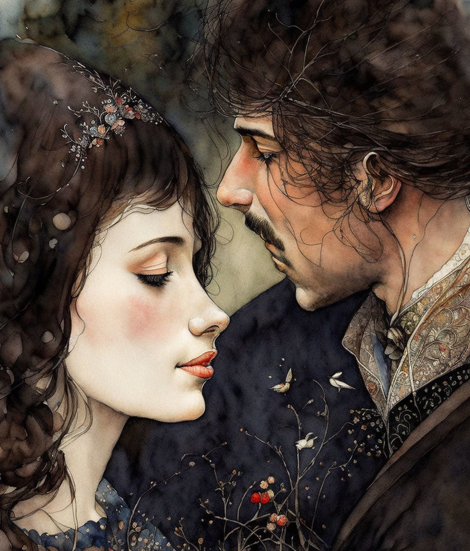 Romantic close-up illustration of man and woman in period attire with floral headpiece, surrounded by nature