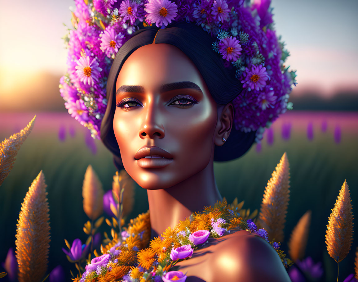 Vibrant floral crown on woman in digital portrait with golden plants and twilight backdrop