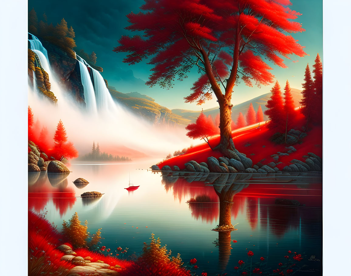 Surreal landscape digital art: red tree, waterfall, misty mountains