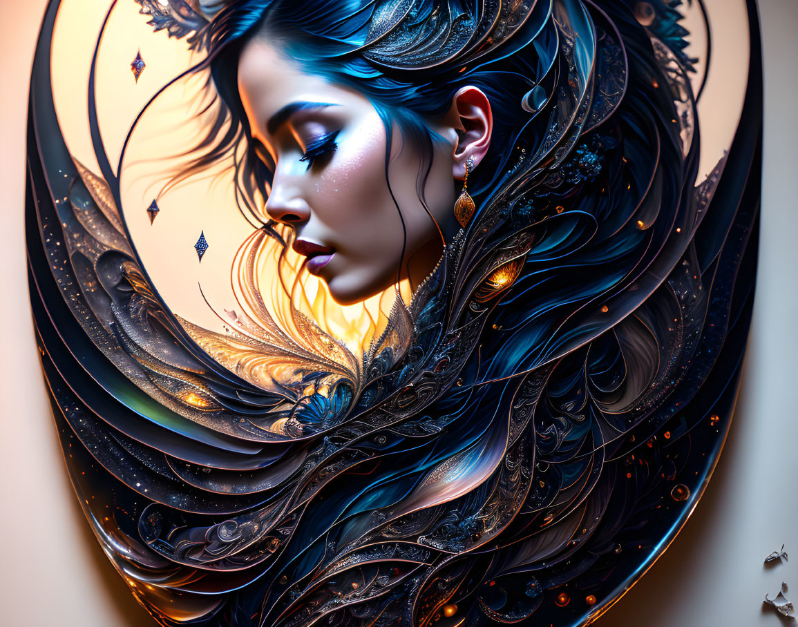 Intricate digital art portrait of a woman with swirling metallic and feather-like elements in blue and gold