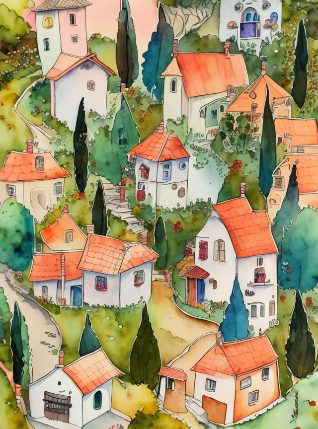 Colorful Watercolor Painting of Quaint Village