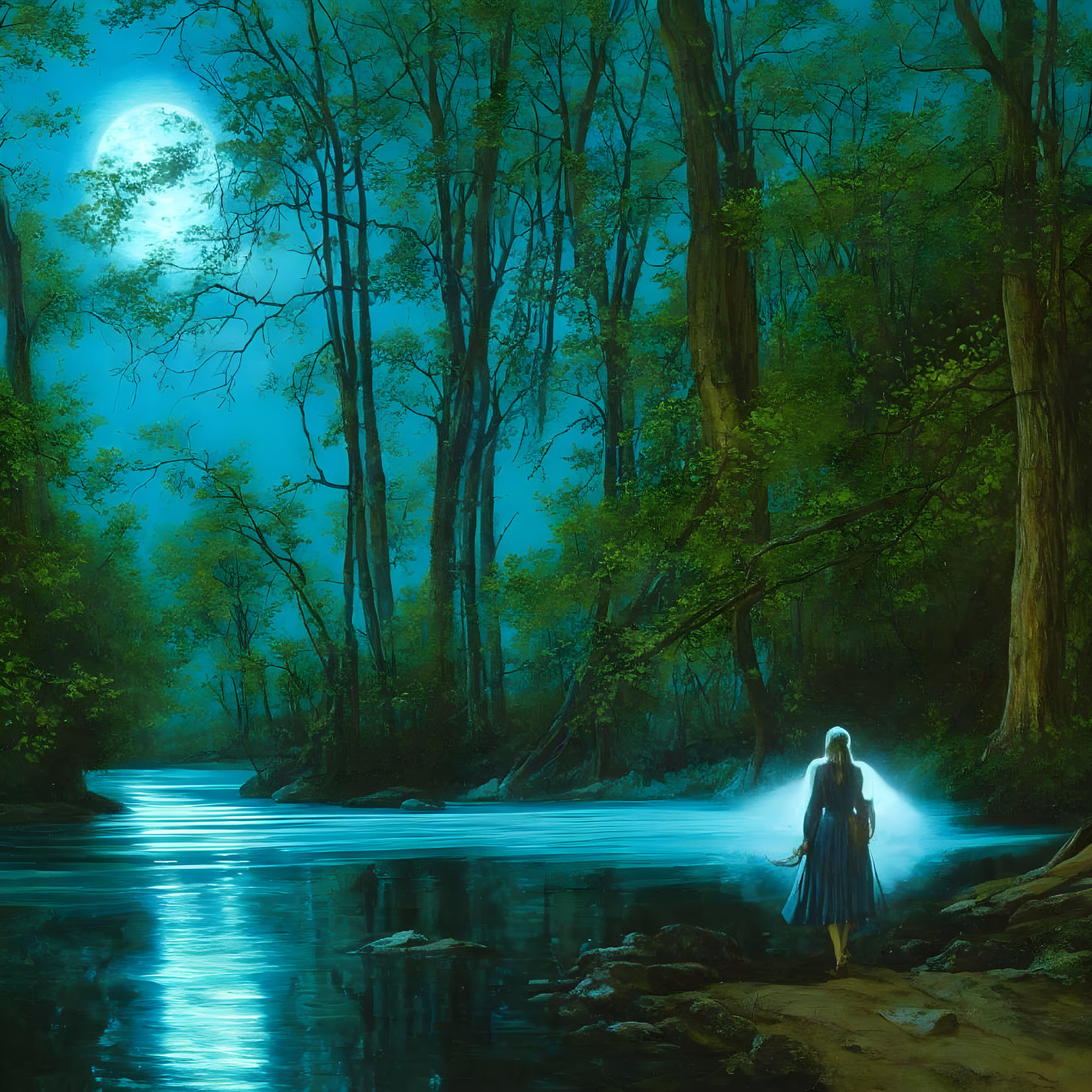 Moonlit forest scene with solitary figure by stream