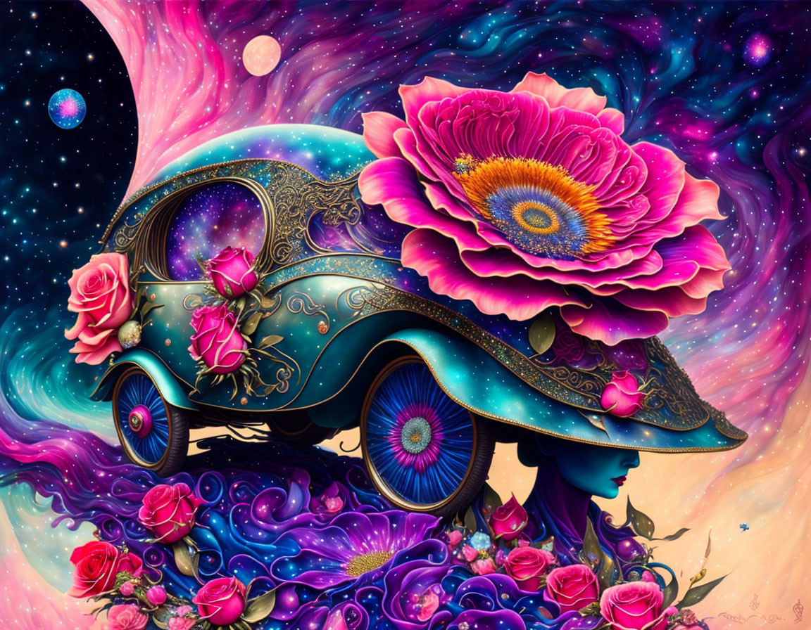 Colorful digital artwork: Beetle car with roses in cosmic scenery