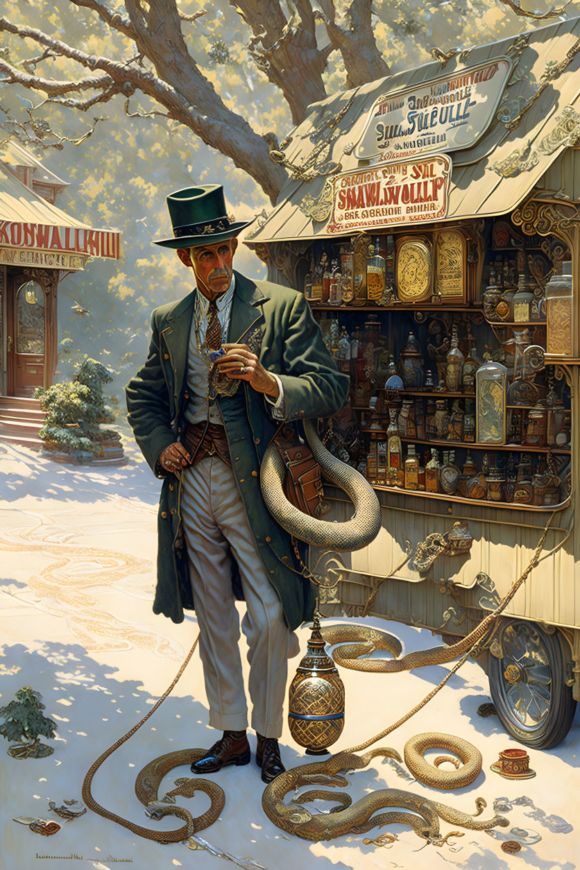 Vintage gentleman at old-fashioned pharmacy with serpent and items on ground