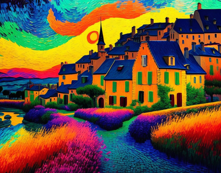 Colorful Van Gogh-style painting of a quaint town at twilight