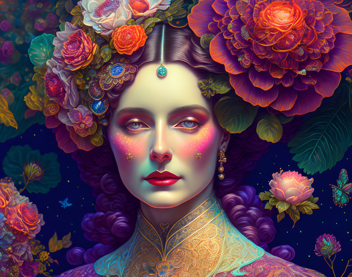 Colorful digital portrait of a woman with floral adornments and jeweled headpiece surrounded by stylized