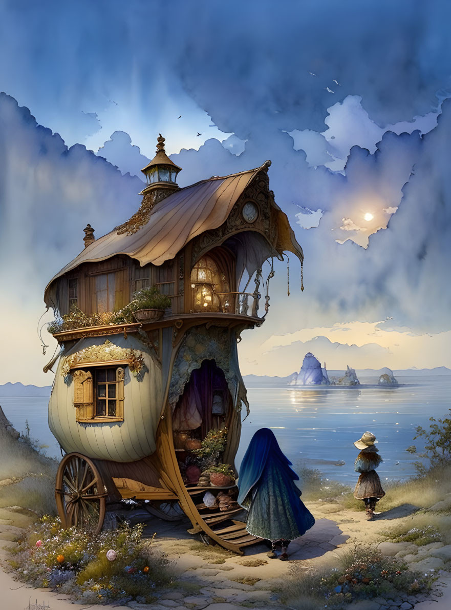 Detailed illustration of two-story wooden caravan by ocean at twilight