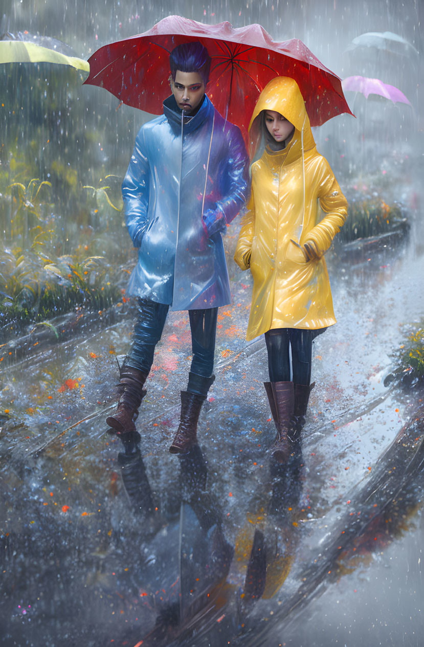 Man and woman walking under umbrellas on rainy path with fallen leaves.