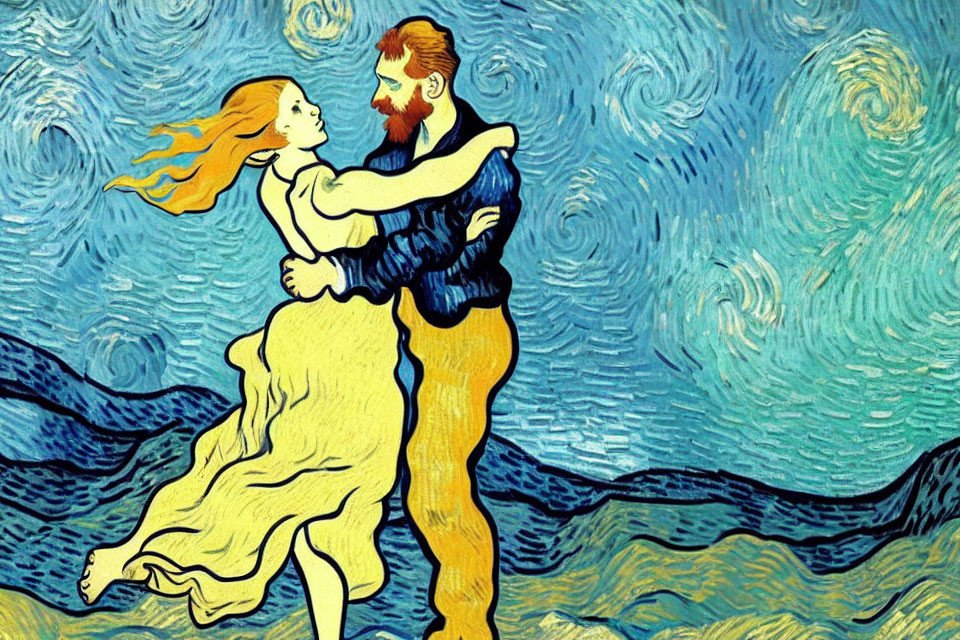 Vibrant post-impressionist couple embracing artwork