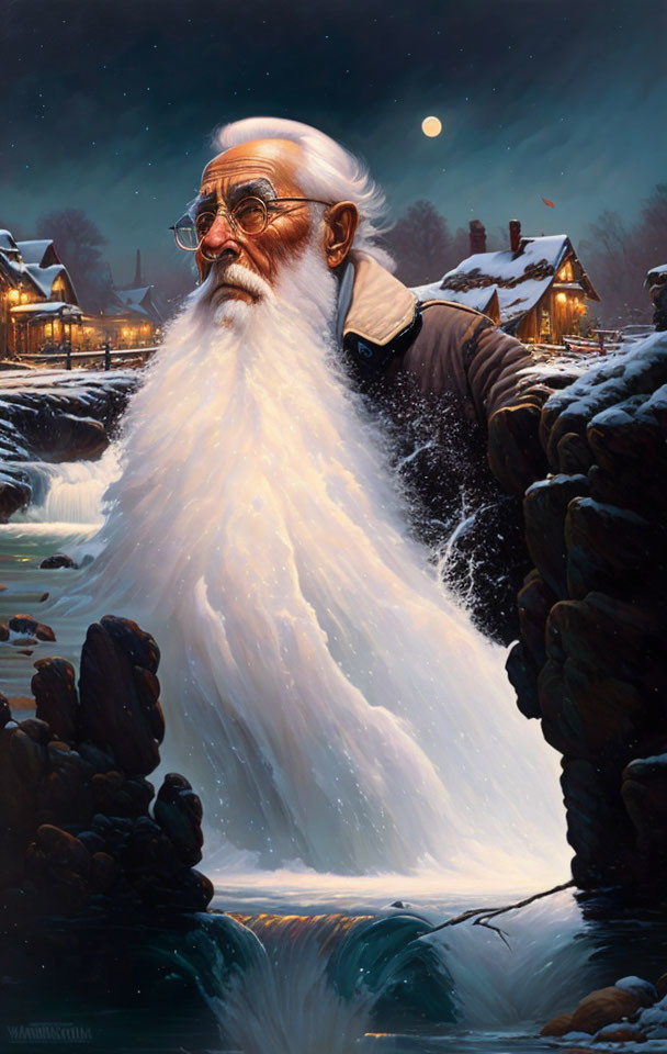 Illustrated portrait of man with long white beard in wintry cabin landscape