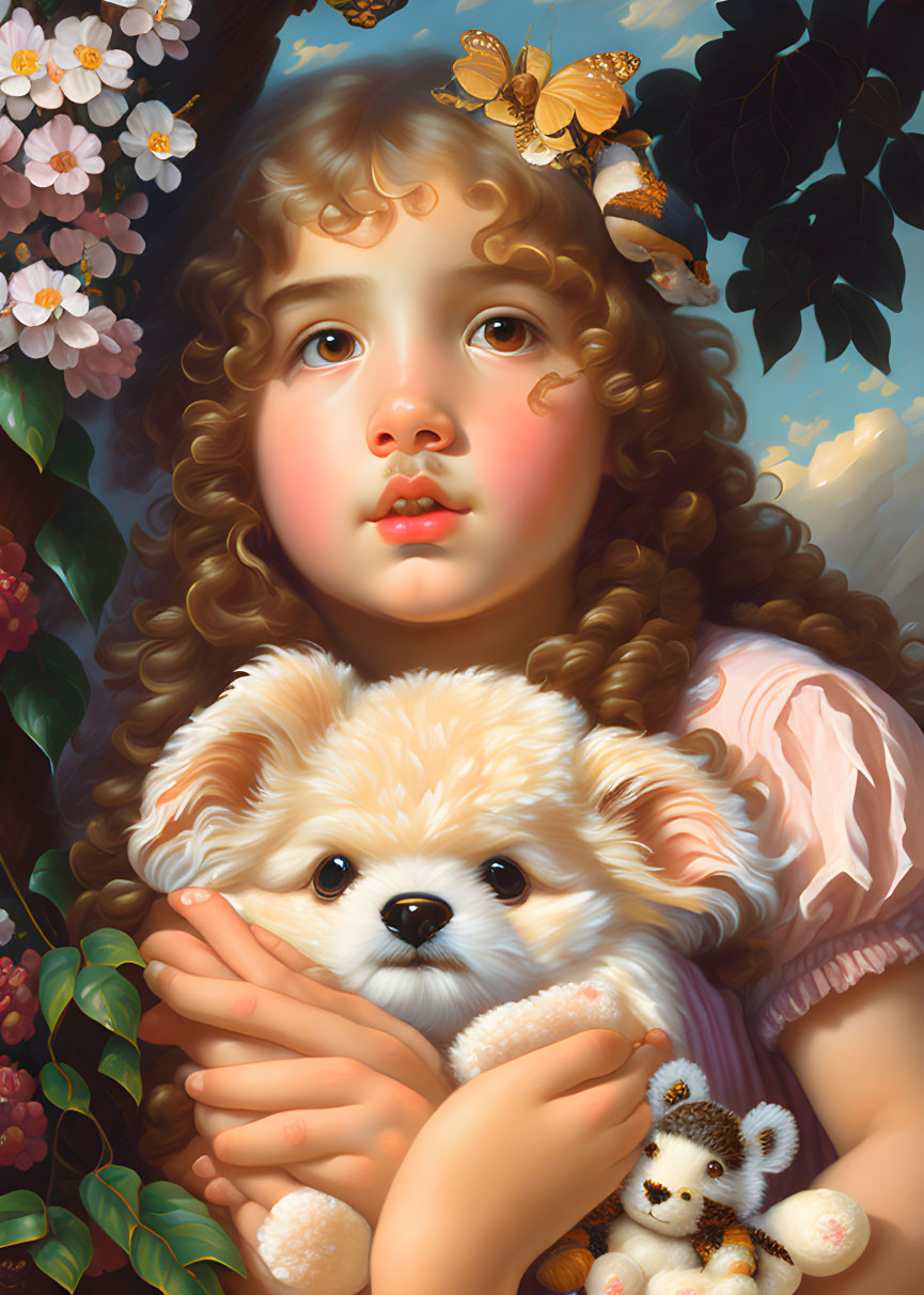 Young girl with curly hair holding dog and teddy bear surrounded by flowers and butterfly.