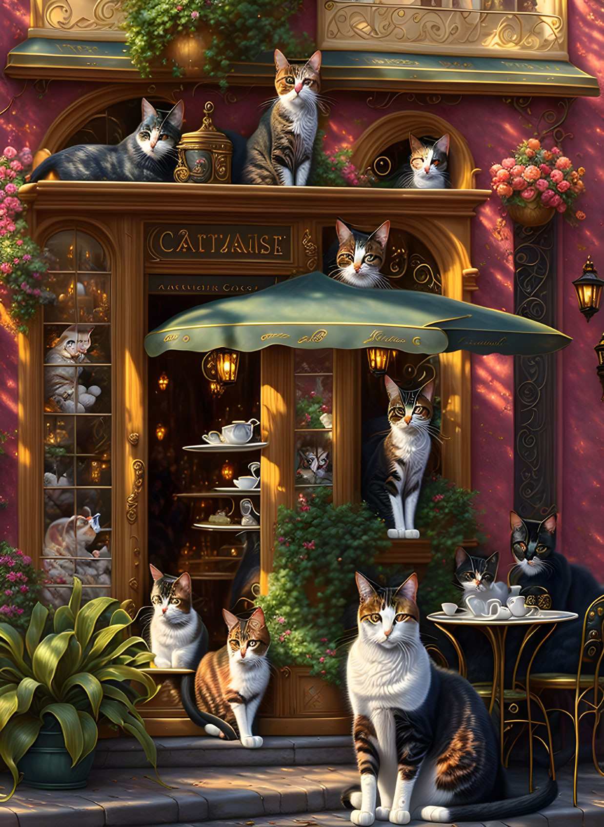 Whimsical cat-themed café with playful felines and cozy decor