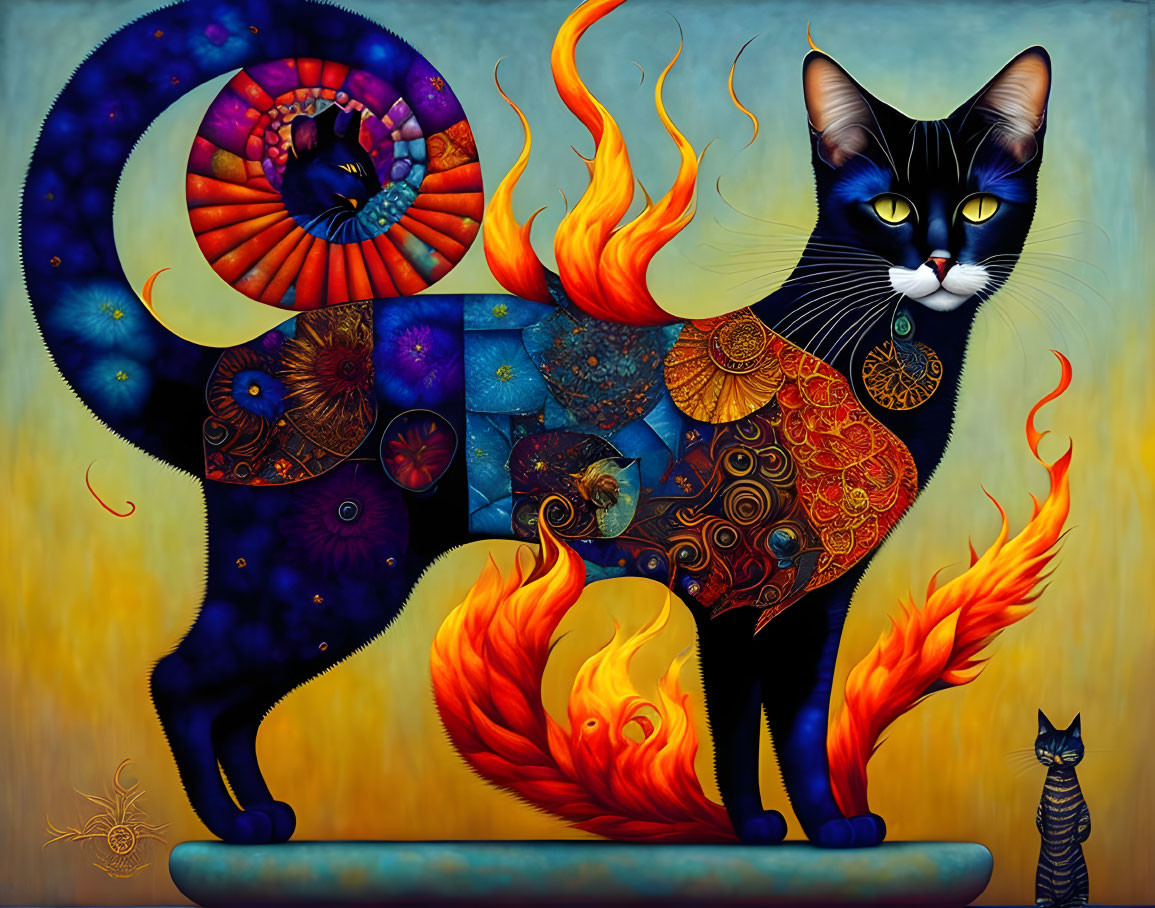 Surrealist painting: Large cat with fiery tails and moon backdrop